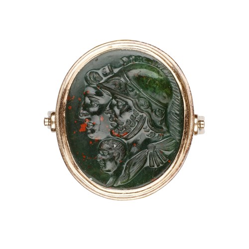 A Gold Swivel Ring Set with a Heliotrope Intaglio of Hector, Andromache, and Astyanax